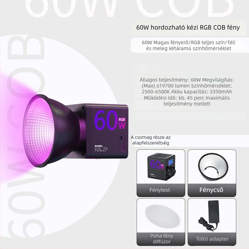 MAMEN 60W hordozható COB töltőfény élő közvetítéshez és fotózáshoz — modell C60R-1, 51–100W, 2500K–9900K, három színhőmérséklet, 20V bemenet (USB-C/DC)