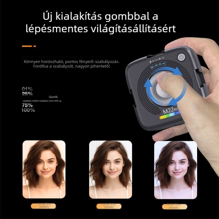 LED töltőfény szelfihez, RGB, mágneses, modell M22, mobiltelefonhoz, kézben tartható, 5V/2A, maxim 10W