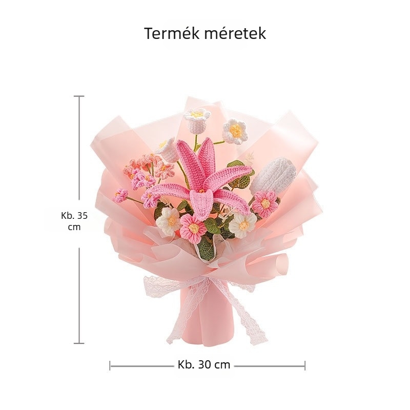 Kézzel készített gyapjúból kötött virágcsokor selyem virágokkal (liliom) - anyag: selyem virágok; fajta: liliom; mesterség: más
