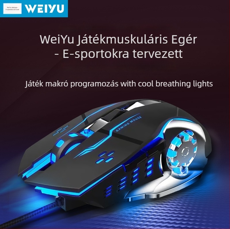 Wired gaming egér WYG9, 6 gombos, optoelektronikus szenzor DPI 1200–3200, makró programozás és testreszabás, 1,4 m kábel, súly 130 g