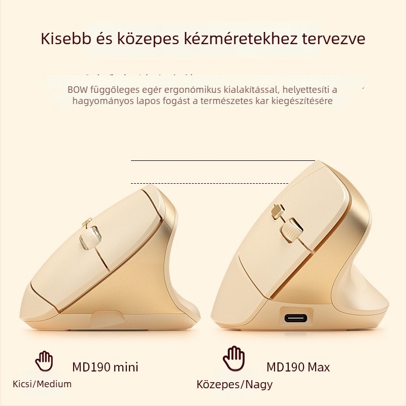 BOW ergonómikus függőleges mini egér, két módú vezeték nélküli (2.4G + Bluetooth), DPI 800/1200/1600, USB interfész, 10 m hatótávolság