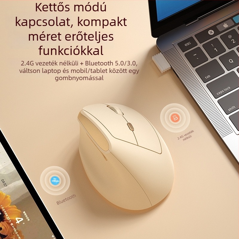 BOW ergonómikus függőleges mini egér, két módú vezeték nélküli (2.4G + Bluetooth), DPI 800/1200/1600, USB interfész, 10 m hatótávolság