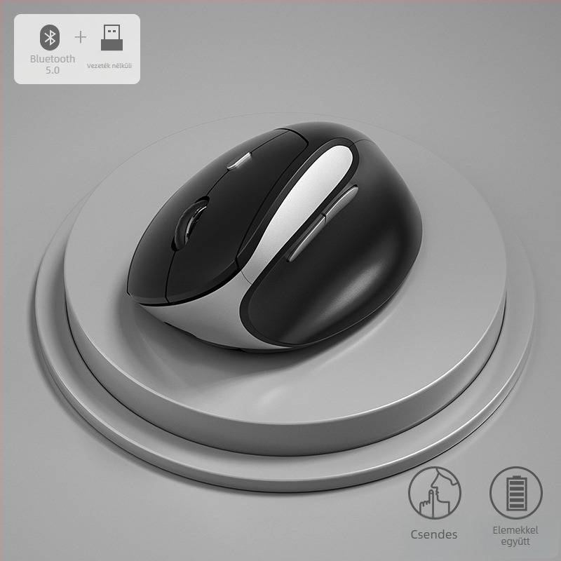 BOW ergonómikus függőleges mini egér, két módú vezeték nélküli (2.4G + Bluetooth), DPI 800/1200/1600, USB interfész, 10 m hatótávolság