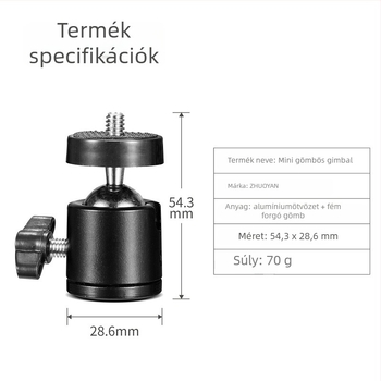 Fém mini PTZ gimball fej fotózáshoz, 3/8 in és 1/4 in csavarozható illesztések, 360° vízszintes és függőleges forgás, 0.075 kg, alumínium/ABS/nylon