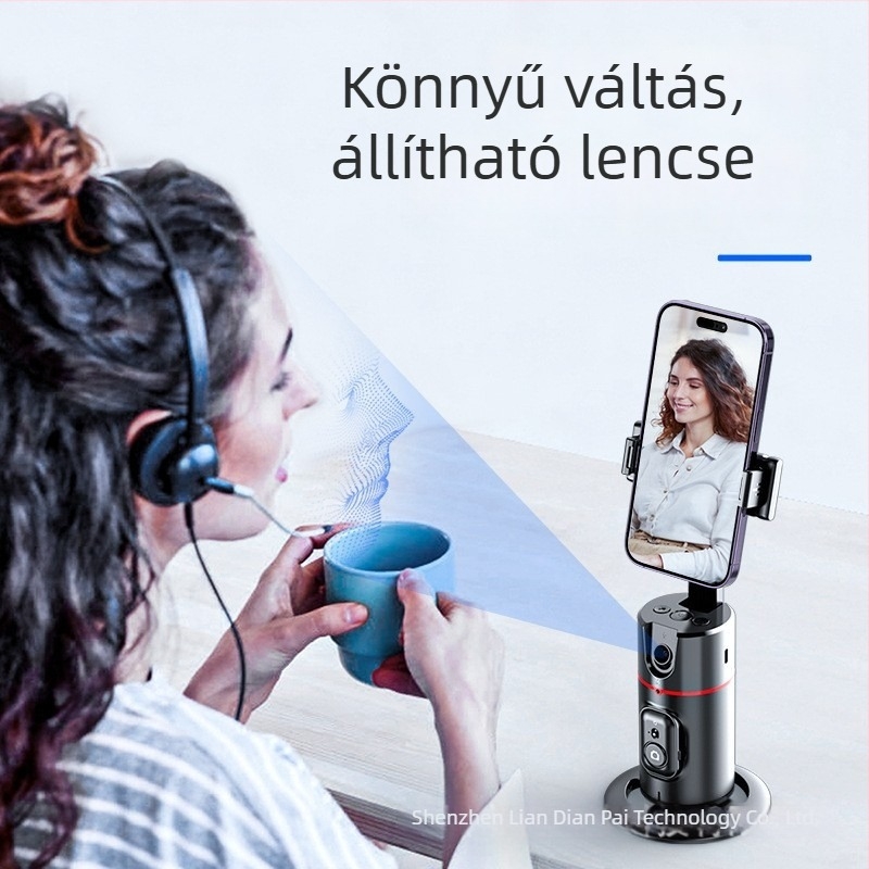 Telefonos gimbal élő közvetítéshez AI arckövetéssel és 360° panoráma stabilizációval; Bluetooth-kapcsolat, ABS anyag, súly 340 g