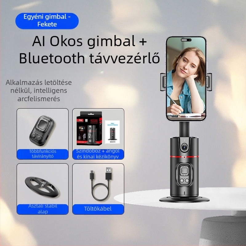Telefonos gimbal élő közvetítéshez AI arckövetéssel és 360° panoráma stabilizációval; Bluetooth-kapcsolat, ABS anyag, súly 340 g