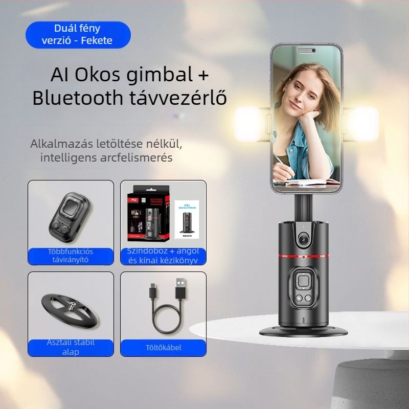 Telefonos gimbal élő közvetítéshez AI arckövetéssel és 360° panoráma stabilizációval; Bluetooth-kapcsolat, ABS anyag, súly 340 g