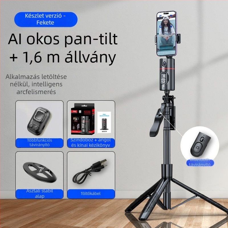 Telefonos gimbal élő közvetítéshez AI arckövetéssel és 360° panoráma stabilizációval; Bluetooth-kapcsolat, ABS anyag, súly 340 g