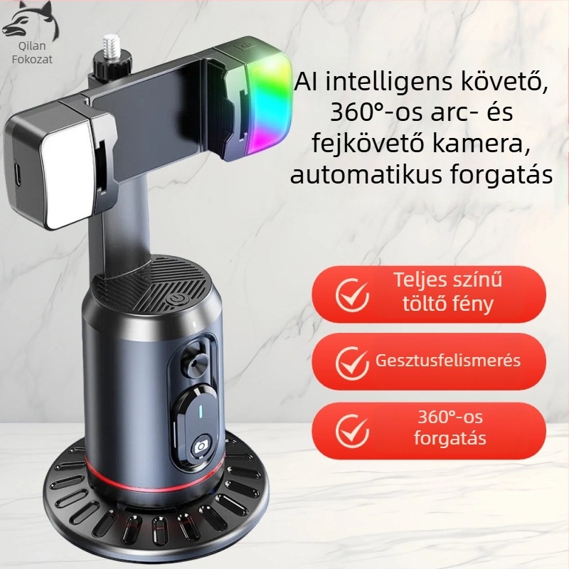 AI-alapú pan-tilt kamera okostelefonhoz, arcfelismerés és stabilizáció, 360° vízszintes és függőleges forgás, telepítés nélkül, ABS, 295 g