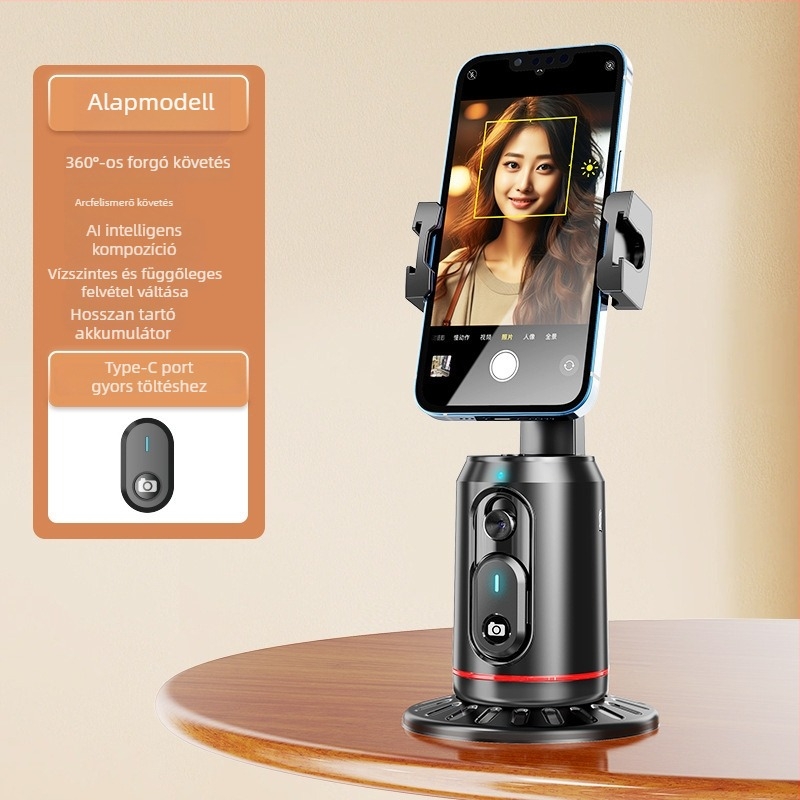 AI-alapú pan-tilt kamera okostelefonhoz, arcfelismerés és stabilizáció, 360° vízszintes és függőleges forgás, telepítés nélkül, ABS, 295 g