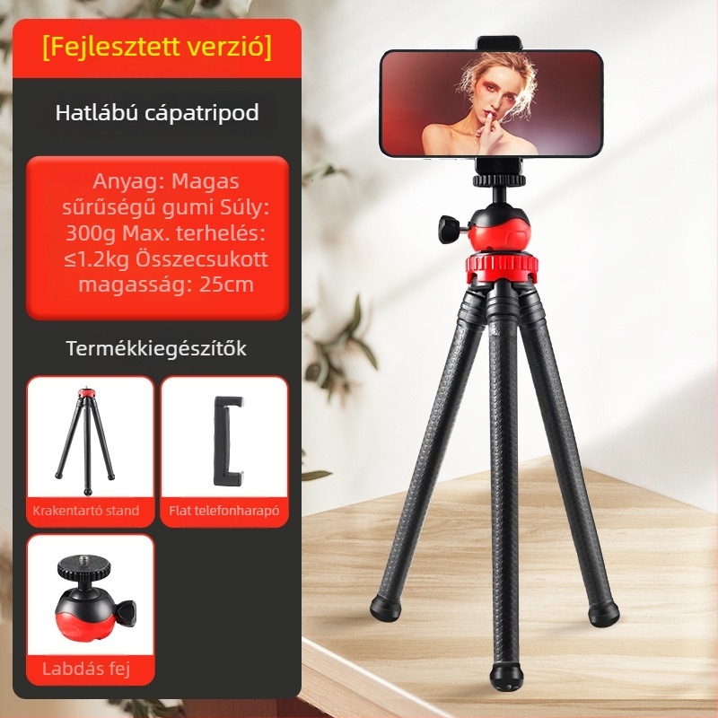 Rugalmas polip-szerű tripód 3 részes szilikon lábakkal, gömbfejes fej, teherbírás 2–5 kg, mobiltelefonhoz és DSLR-kamerához