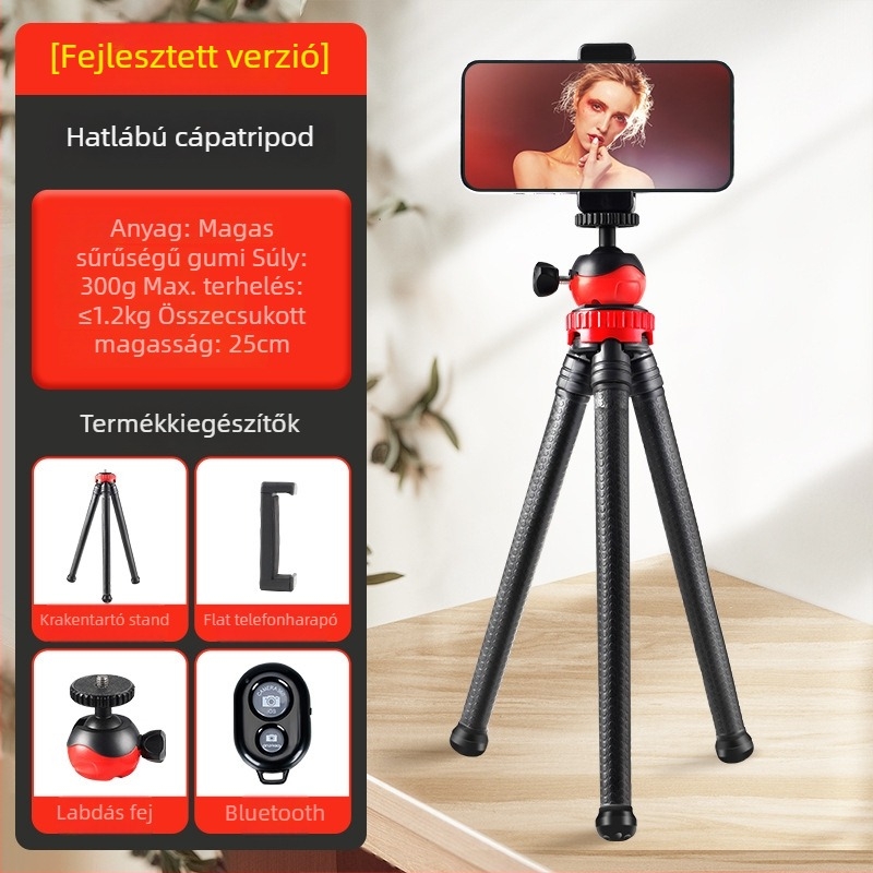 Rugalmas polip-szerű tripód 3 részes szilikon lábakkal, gömbfejes fej, teherbírás 2–5 kg, mobiltelefonhoz és DSLR-kamerához