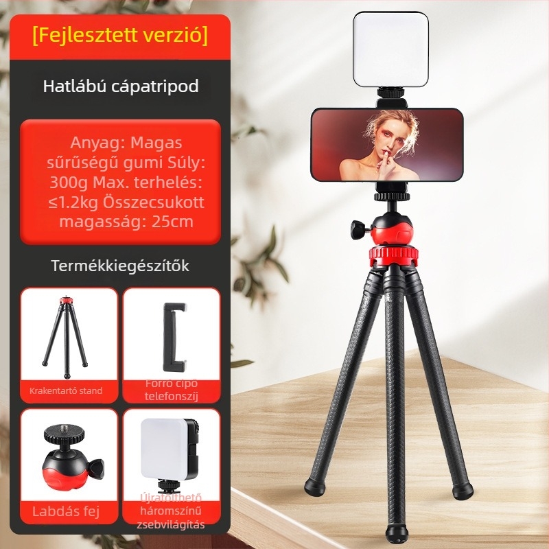 Rugalmas polip-szerű tripód 3 részes szilikon lábakkal, gömbfejes fej, teherbírás 2–5 kg, mobiltelefonhoz és DSLR-kamerához