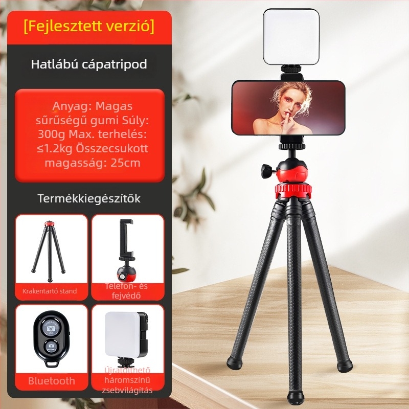 Rugalmas polip-szerű tripód 3 részes szilikon lábakkal, gömbfejes fej, teherbírás 2–5 kg, mobiltelefonhoz és DSLR-kamerához