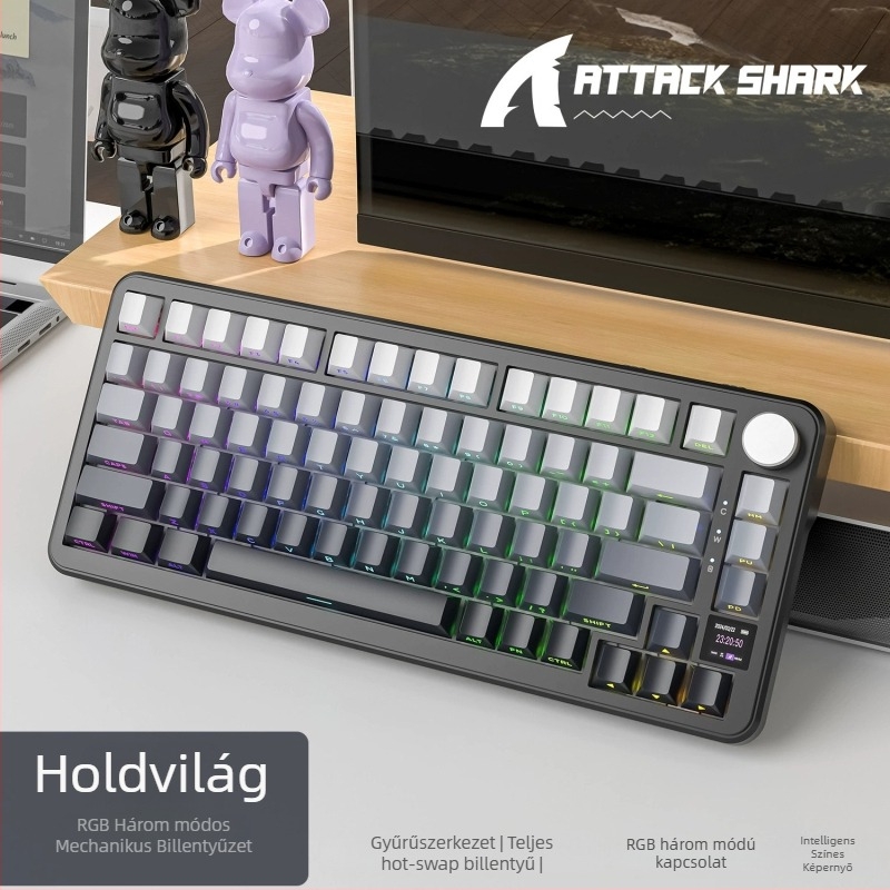 81 billentyűs játékbillentyűzet, vezeték nélküli, akár 3 eszközzel egyszerre, Blueberry mechanikus kapcsolók, RGB háttérvilágítás, ABS anyagból készült vízálló kivitel