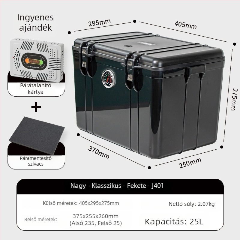 Nedvességálló tároló doboz fényképezőgép felszereléshez – ABS, 25L, zárható kulccsal, belső szivacspárnázás, kompatibilis a legtöbb modellhez