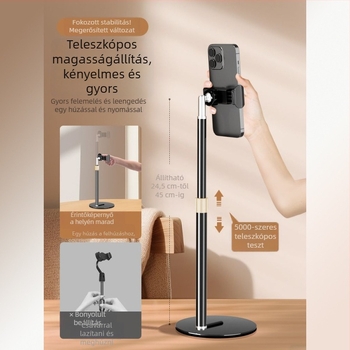 Asztali telefon-tartó, ötvözetből készült, univerzális, sokoldalú videófelvételhez és élő közvetítéshez
