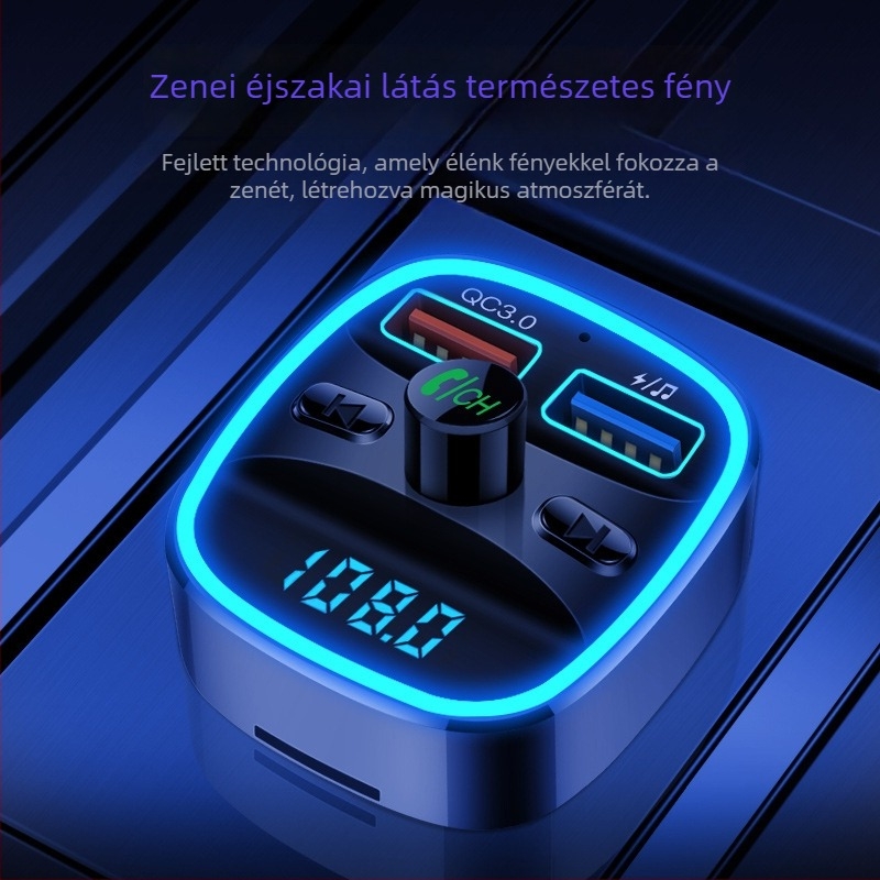 Autós MP3 lejátszó Bluetooth FM átjátszóval, USB autó töltő, kihangosítás, 12–24V tápegység