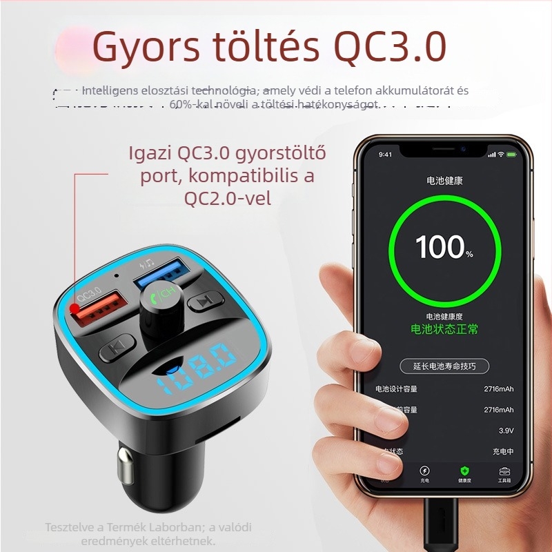 Autós MP3 lejátszó Bluetooth FM átjátszóval, USB autó töltő, kihangosítás, 12–24V tápegység