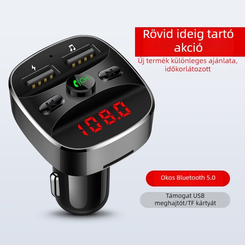 Autós MP3 lejátszó Bluetooth FM átjátszóval, USB autó töltő, kihangosítás, 12–24V tápegység