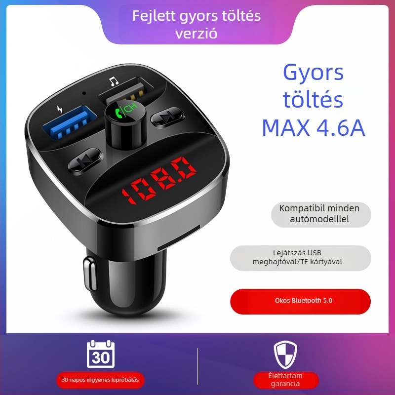 Autós MP3 lejátszó Bluetooth FM átjátszóval, USB autó töltő, kihangosítás, 12–24V tápegység