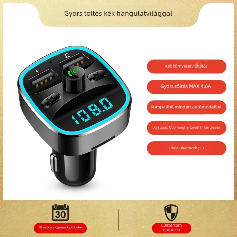 Autós MP3 lejátszó Bluetooth FM átjátszóval, USB autó töltő, kihangosítás, 12–24V tápegység