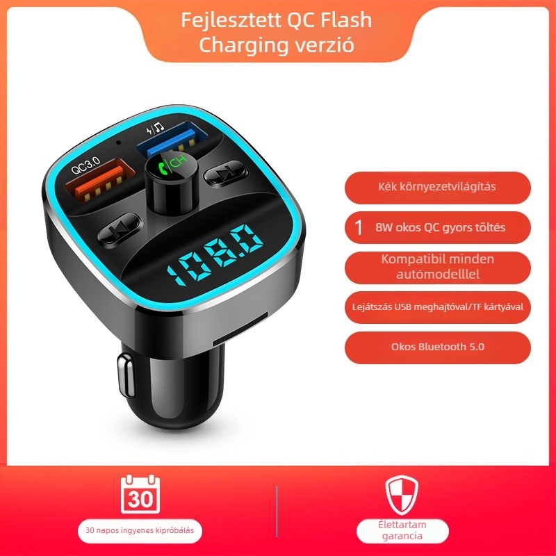 Autós MP3 lejátszó Bluetooth FM átjátszóval, USB autó töltő, kihangosítás, 12–24V tápegység