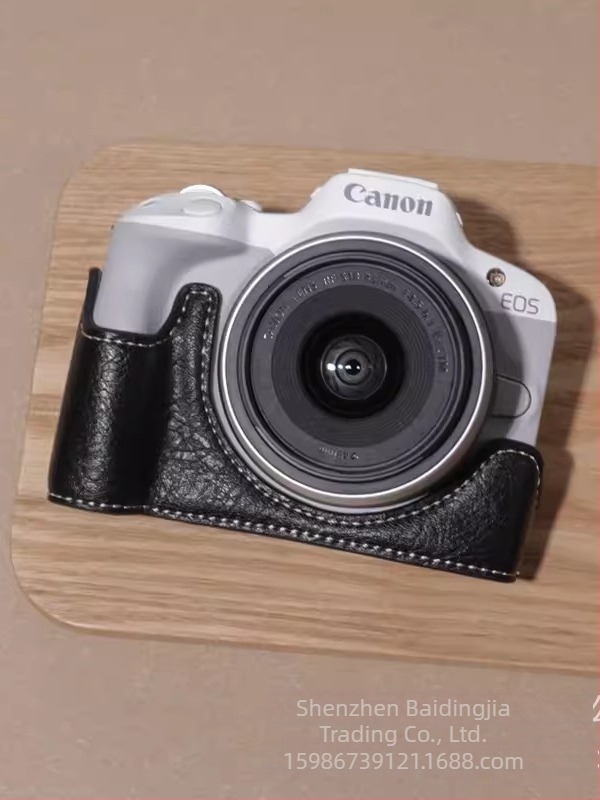 PU bőrtok Canon R50/R100-hoz és alap, hordozható fényképezőgép-táska, vállon hordható stílus, kopásálló és ütésálló, retro fél készlet