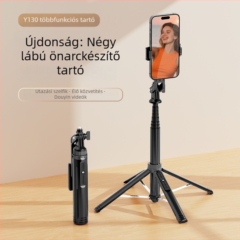 Bluetooth-szelfi pálca padlóállványos teleszkópos tripoddal, alumíniumötvözet + ABS, távirányítóval, kamera tartóval