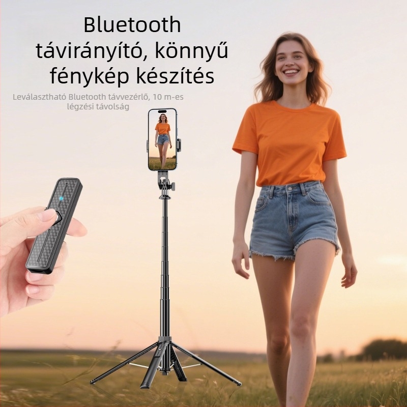 Bluetooth-szelfi pálca padlóállványos teleszkópos tripoddal, alumíniumötvözet + ABS, távirányítóval, kamera tartóval
