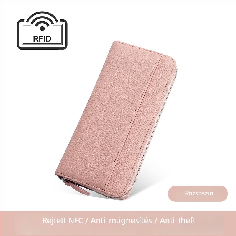 Női hosszú bőrtárca RFID-vel, japán stílusú szervező táska, cipzár, belső zsebek telefonhoz és ID-hez