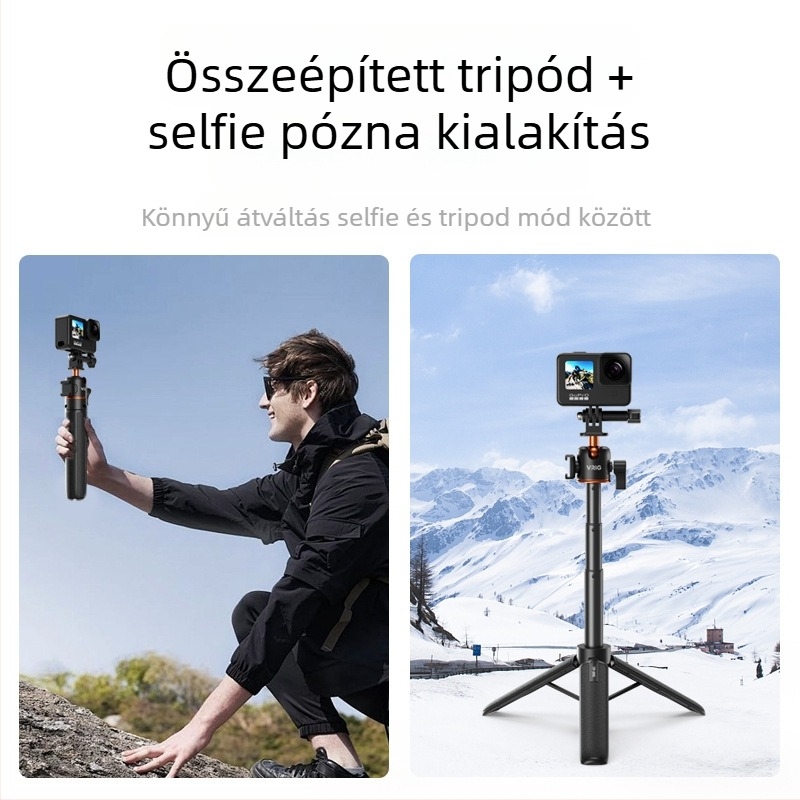 Selfie állvány GoPro/Insta360 X3/X4-hez gömbfejjel, 5 részes, alumínium-ABS konstrukció, gyorskioldó tálca