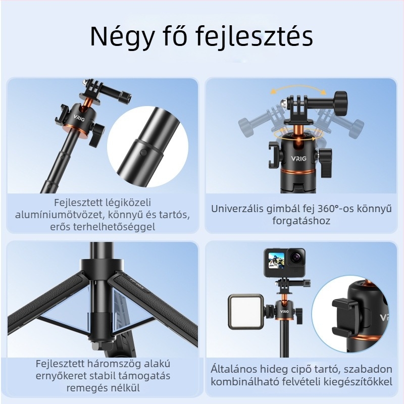Selfie állvány GoPro/Insta360 X3/X4-hez gömbfejjel, 5 részes, alumínium-ABS konstrukció, gyorskioldó tálca