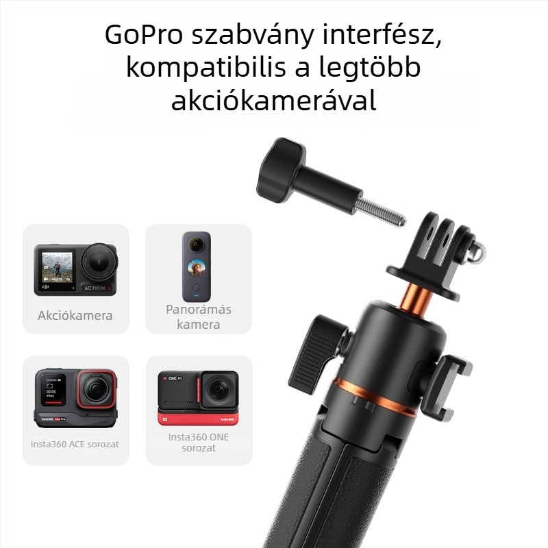 Selfie állvány GoPro/Insta360 X3/X4-hez gömbfejjel, 5 részes, alumínium-ABS konstrukció, gyorskioldó tálca