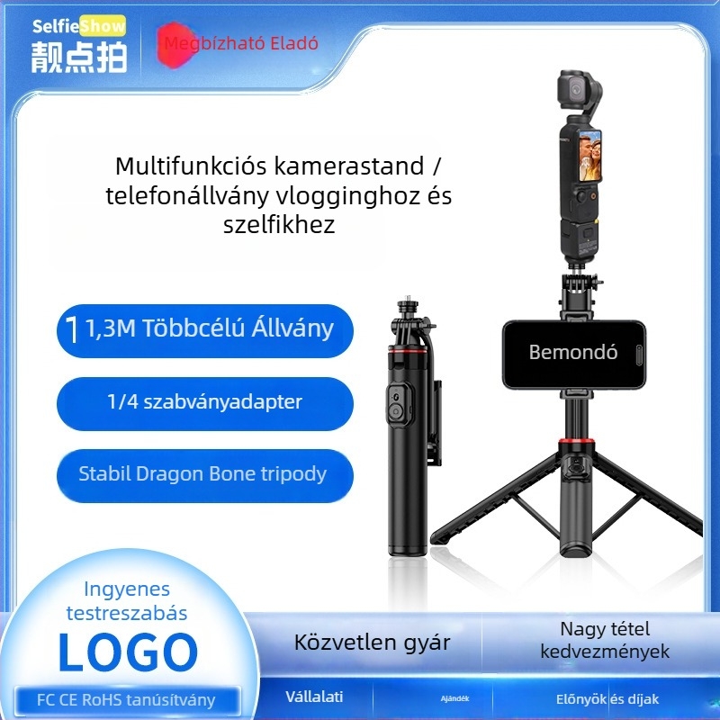 Selfie Stick Tripod kamerákhoz és okostelefonokhoz | Anyag: ABS + alumíniumötvözet | 1/4-inch csavaros kötés | Modell: C12/C13 | Kompatibilis DJI Pocket 3 / Insta360