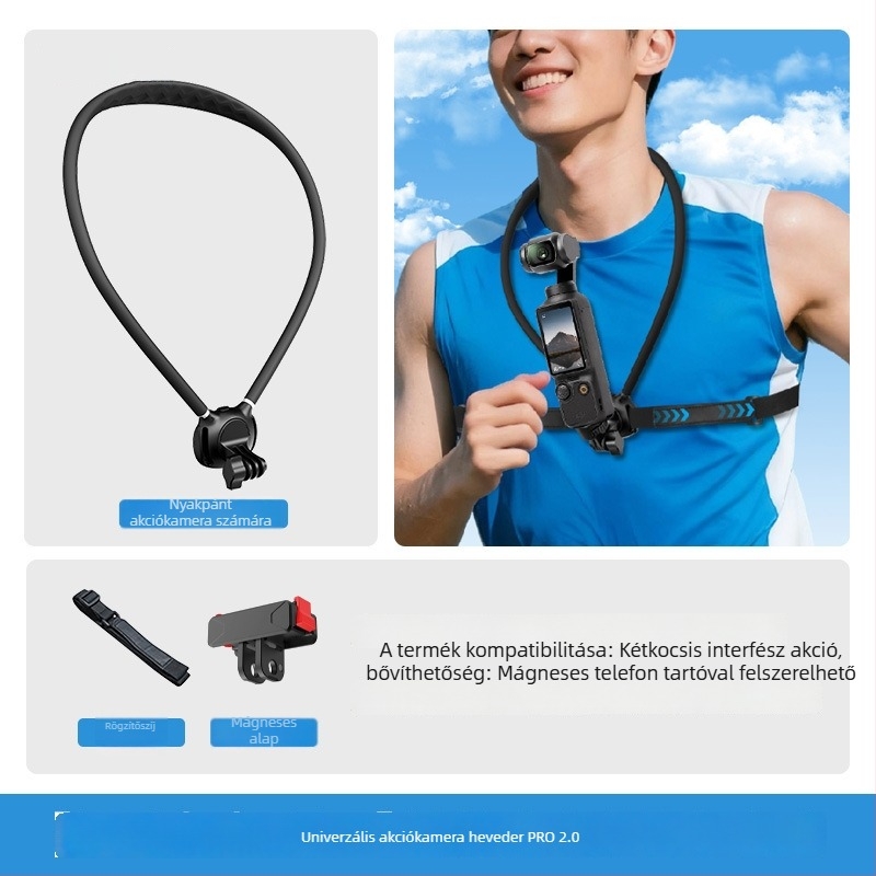 Mágneses nyakba akasztható tartó telefonhoz első személy nézethez — fix keret GoPro és DJI Action kamerákhoz | Anyagok: szilikon, PC és alumínium ötvözet | Logó testreszabás