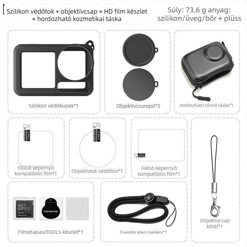 Dji Action 5 Pro szilikon objektívvédő és edzett üveg kijelzővédő készlet; kompatibilis: Action 5 Pro/4/3; anyag: szilikon + üveg; testreszabható logó; csomag: szilikon tok és kartondoboz.