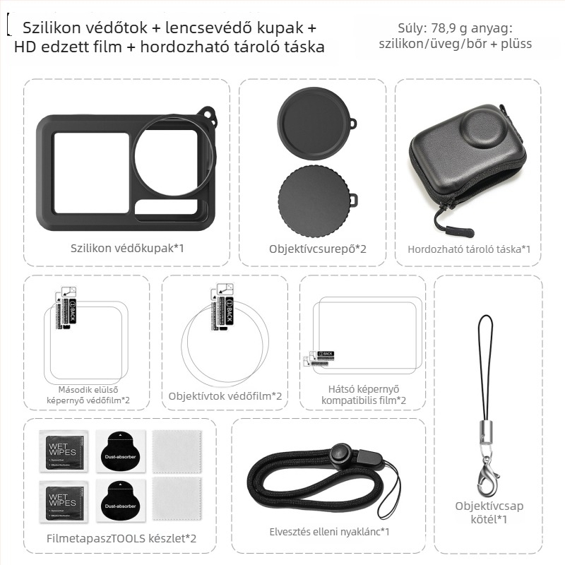 Dji Action 5 Pro szilikon objektívvédő és edzett üveg kijelzővédő készlet; kompatibilis: Action 5 Pro/4/3; anyag: szilikon + üveg; testreszabható logó; csomag: szilikon tok és kartondoboz.