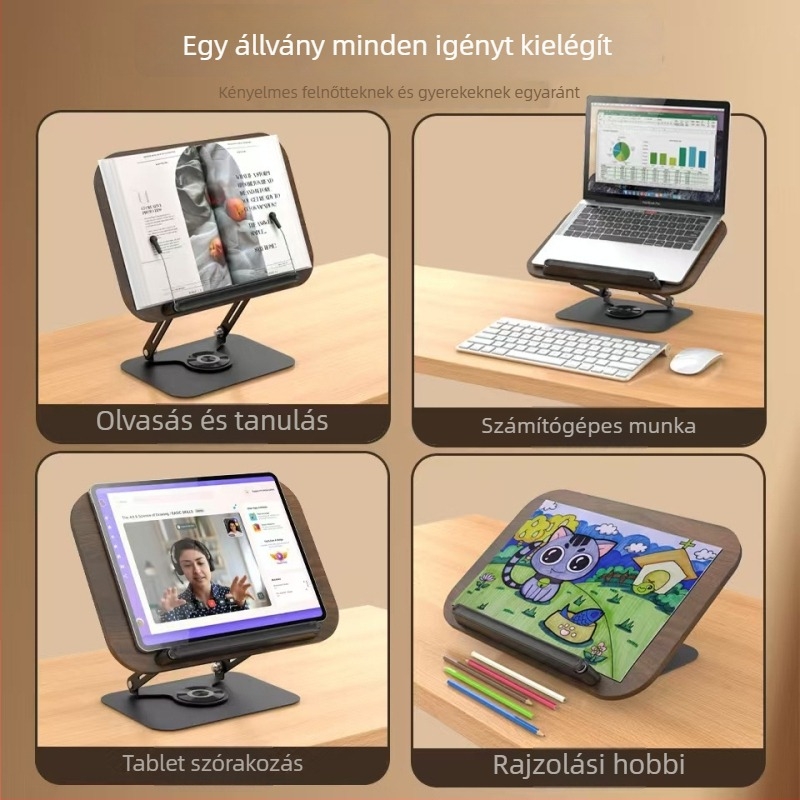 Masszív tömörfa tabletát és laptopot tartó állvány 360°-os forgással és állítható dőléssel olvasáshoz és tanuláshoz
