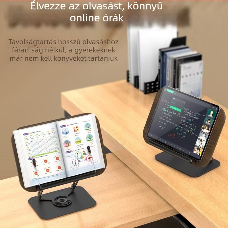 Masszív tömörfa tabletát és laptopot tartó állvány 360°-os forgással és állítható dőléssel olvasáshoz és tanuláshoz