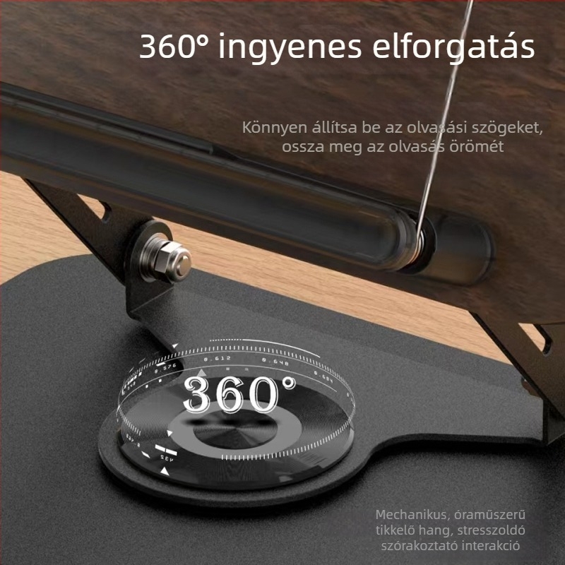 Masszív tömörfa tabletát és laptopot tartó állvány 360°-os forgással és állítható dőléssel olvasáshoz és tanuláshoz