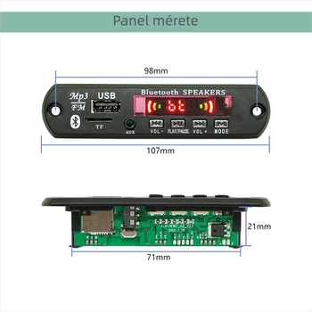 Autós Bluetooth MP3 dekóder panel USB modullal, FM rádióval és 12V tápegyséssel