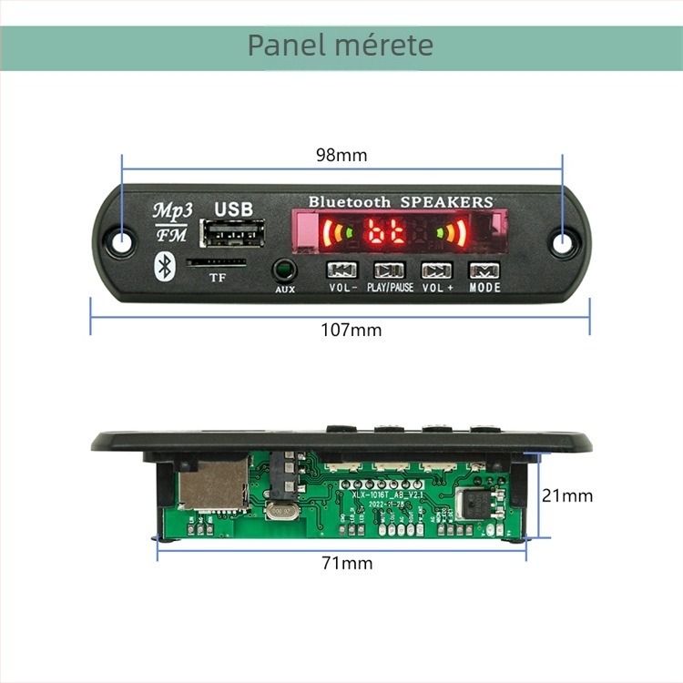 Autós Bluetooth MP3 dekóder panel USB modullal, FM rádióval és 12V tápegyséssel
