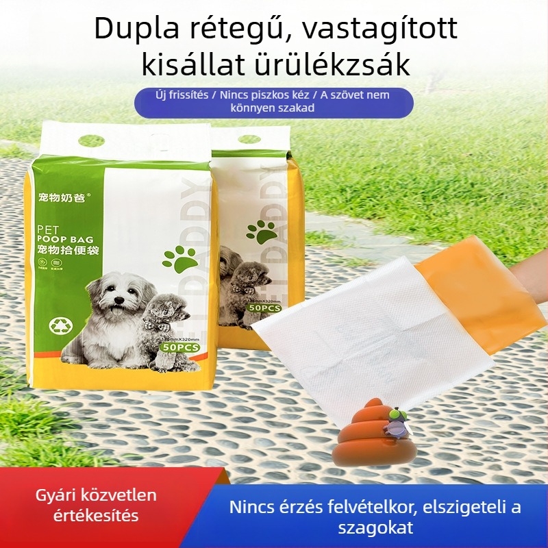 Háziállat ürülék zacskók, egyszer használatos, kettős rétegű, vastagított, lapos szájú kialakítású, PE anyag, nagykereskedelem
