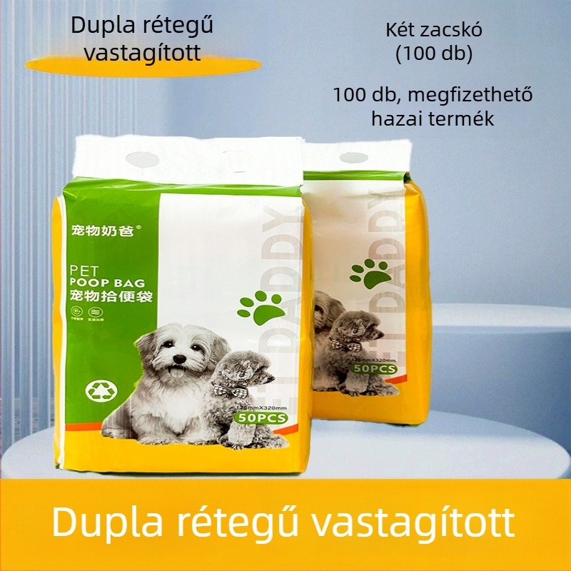 Háziállat ürülék zacskók, egyszer használatos, kettős rétegű, vastagított, lapos szájú kialakítású, PE anyag, nagykereskedelem