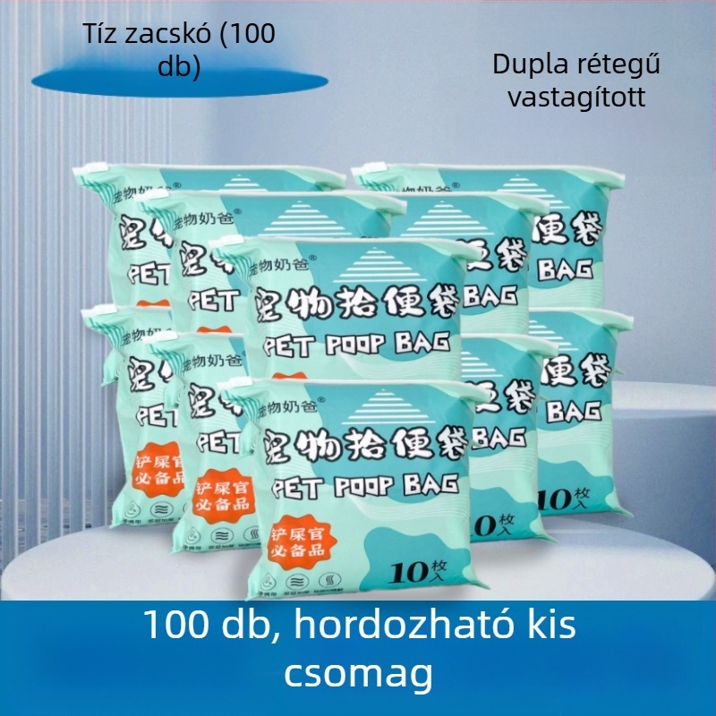 Háziállat ürülék zacskók, egyszer használatos, kettős rétegű, vastagított, lapos szájú kialakítású, PE anyag, nagykereskedelem