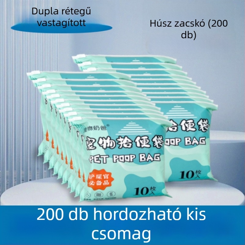 Háziállat ürülék zacskók, egyszer használatos, kettős rétegű, vastagított, lapos szájú kialakítású, PE anyag, nagykereskedelem