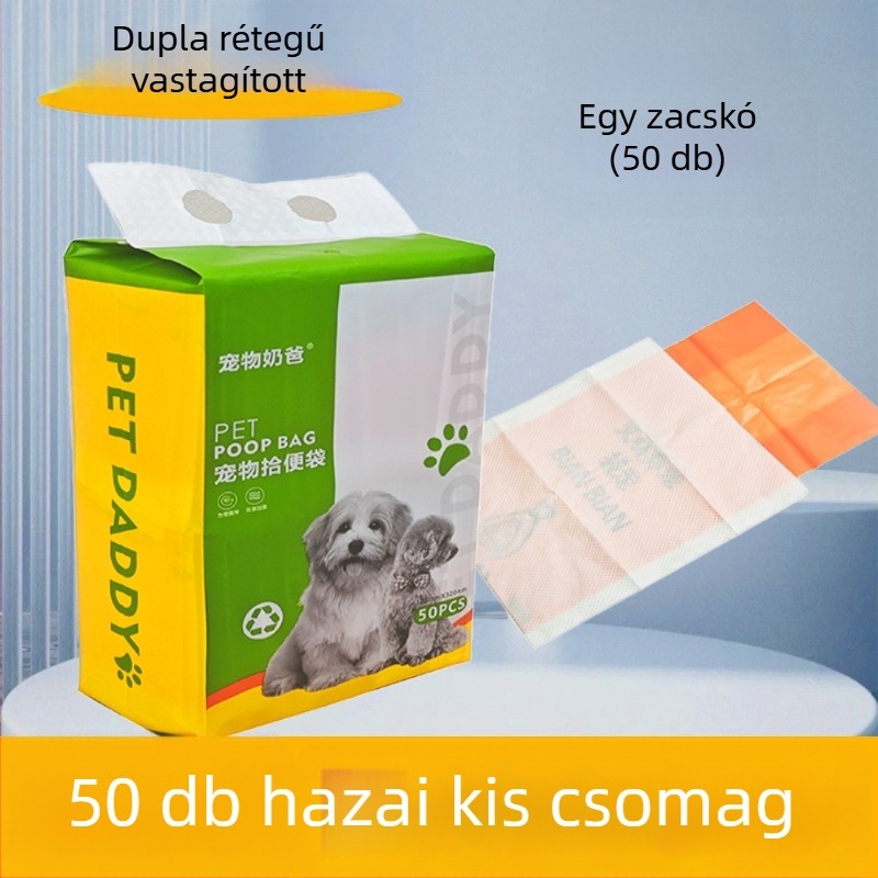 Háziállat ürülék zacskók, egyszer használatos, kettős rétegű, vastagított, lapos szájú kialakítású, PE anyag, nagykereskedelem