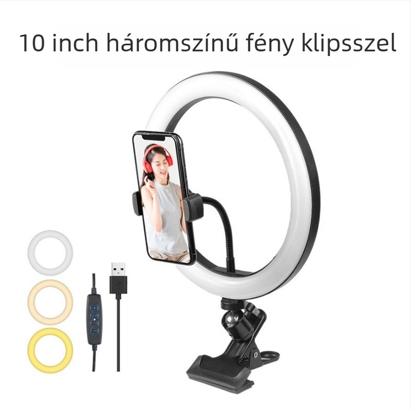 Clip-on LED világítás élő közvetítésekhez, fotózáshoz és sminkeléshez, 8W, 3.7–5V, 3000–6000K, fényerő és színárnyalat állítható, akkumulátor nélkül