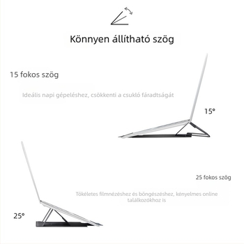 Hordozható laptop állvány hűtővel, összecsukható asztali tartó PU anyagból; kompatibilis 12.5–15.6 hüvelykes eszközökkel; súly 205 g